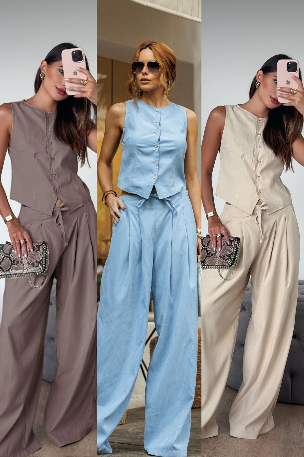 Calça Pantalona Fluida Cintura Ajustável 3 Cores Calça Pantalona Fluida Cintura Ajustável 3 Cores