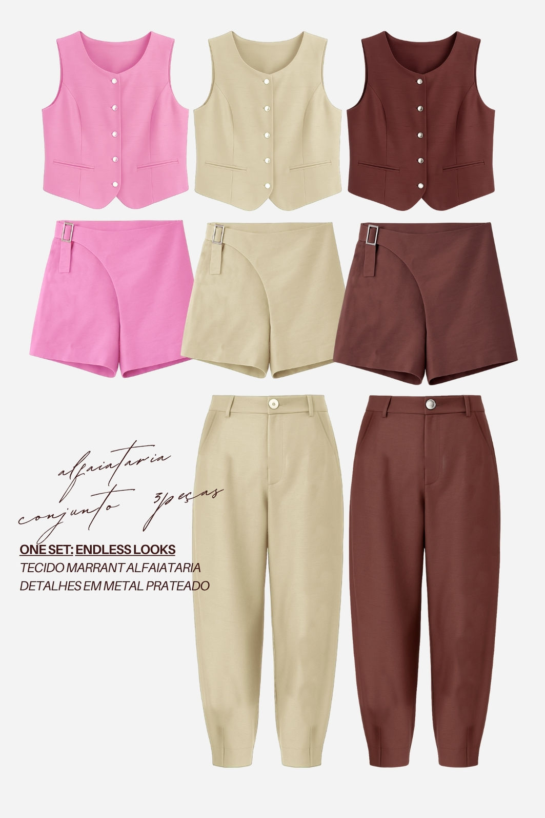 Calça Barrel de Alfaiataria Botão Prata 2 Cores Calça Barrel de Alfaiataria Botão Prata 2 Cores