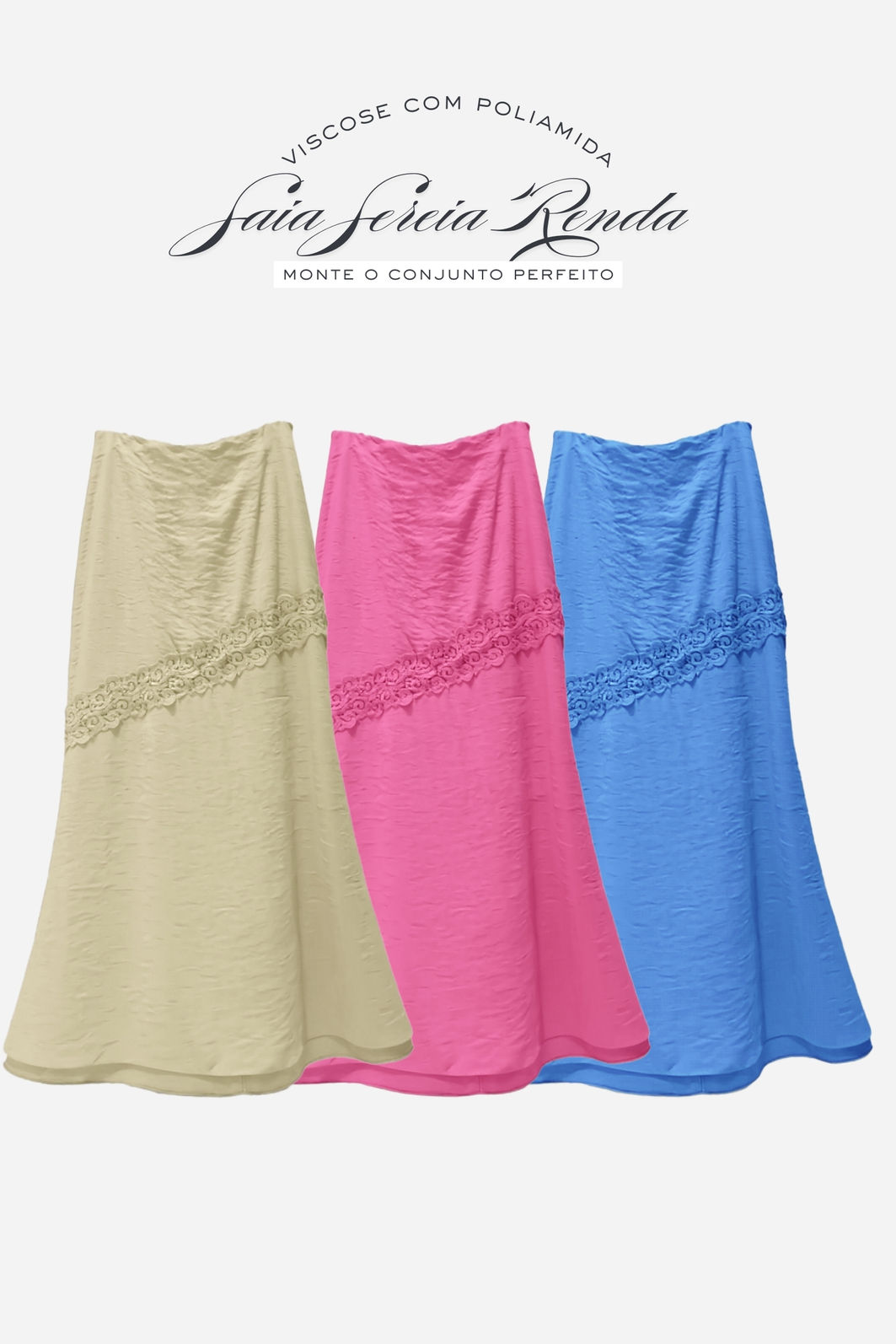 Saia Sereia Longa com Renda Floral 3 Cores