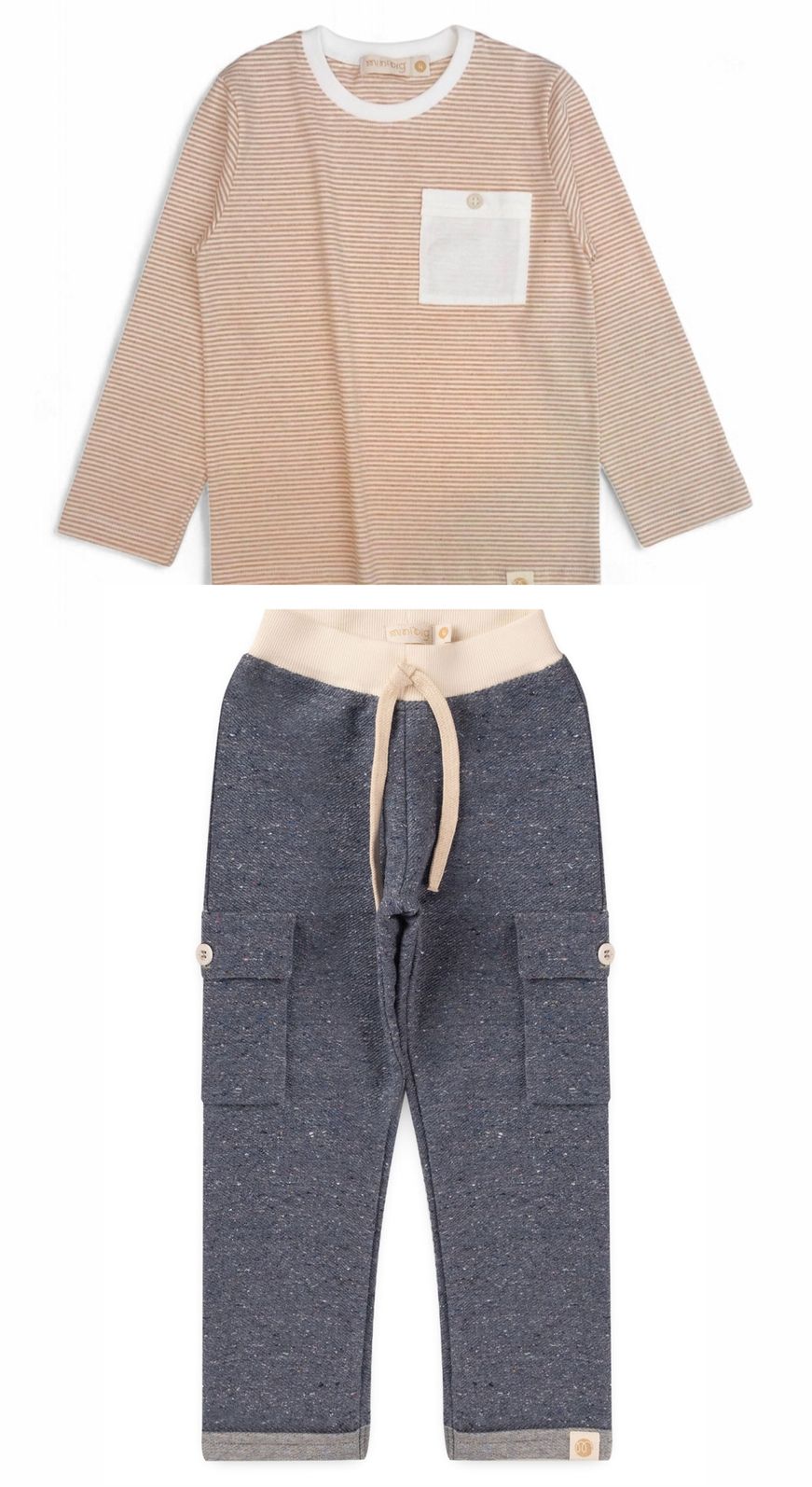 Conjunto Infantil Menino de Camiseta Longa e Calça Jogger - Listrado Off-Bege / Azul Jeans