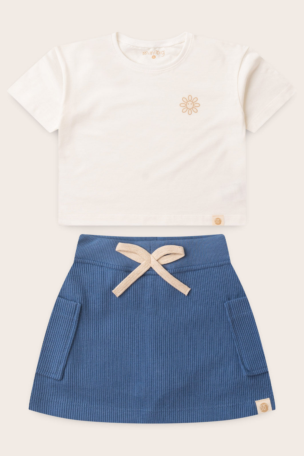 Conjunto Menina Blusa Box Manga Curta Off Natural e Saia com Shorts Azul Anil