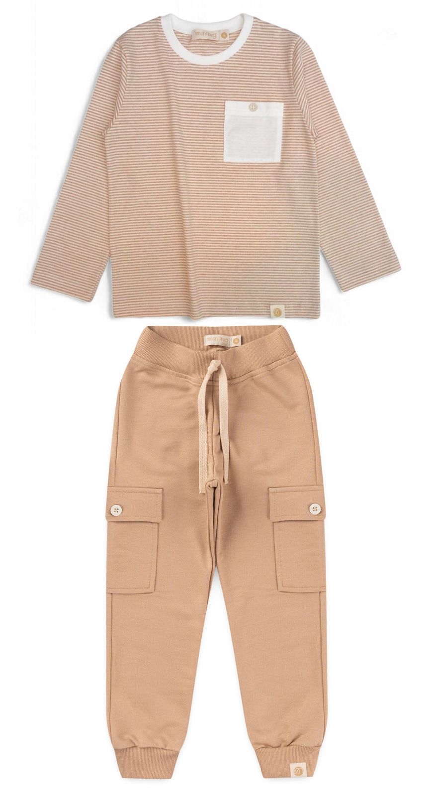 Conjunto Infantil Menino de Camiseta Longa e Calça Jogger - Listrado Off-Bege / Bege Kraft