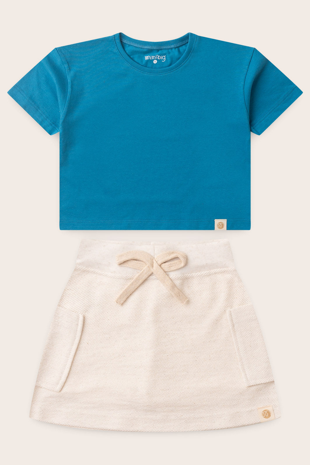 Conjunto Menina Blusa Box Manga Curta Azul Turquesa e Saia com Shorts Off Natural