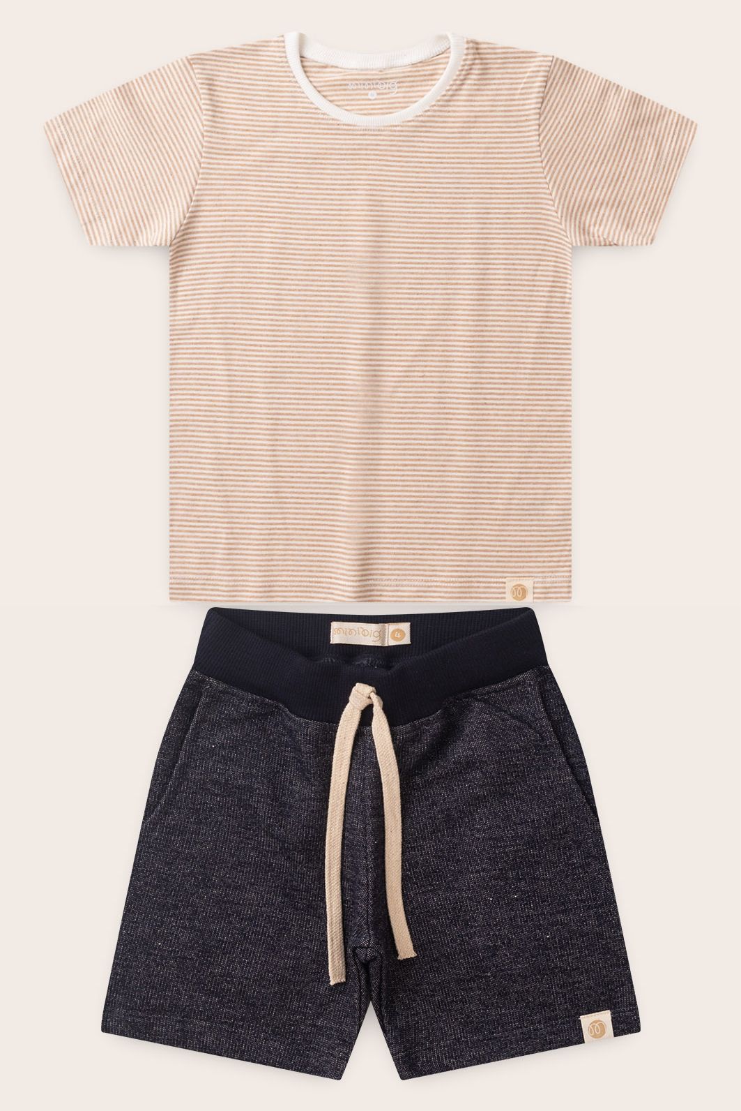 Conjunto Menino Camiseta Listrada Off - Bege e Bermuda Azul Índigo
