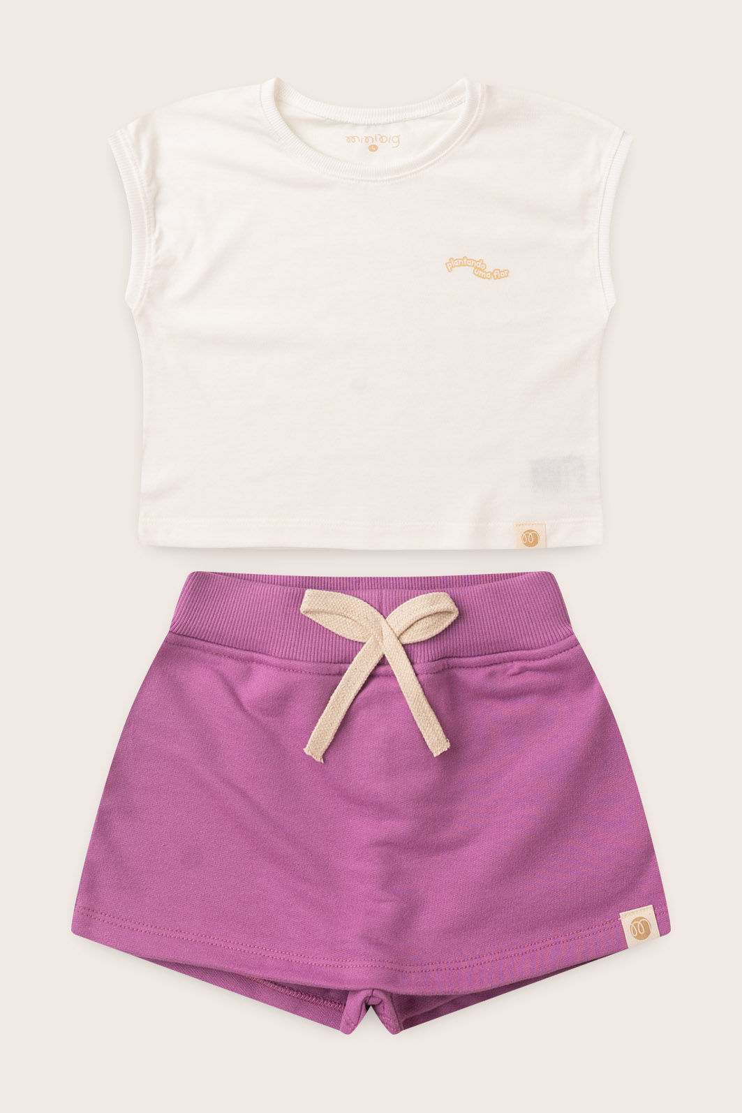 Conjunto Menina Blusa Manga Japonesa Off Natural e Shorts Saia Lilás Lavanda