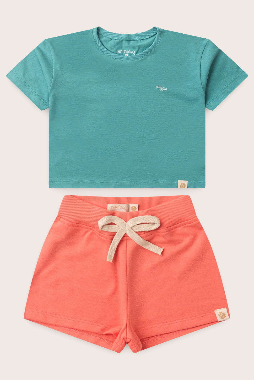 Conjunto Menina Blusa Box Manga Curta Verde Acqua e Shorts Rosa Coral Conjunto Menina Blusa Box Manga Curta Verde Acqua e Shorts Rosa Coral