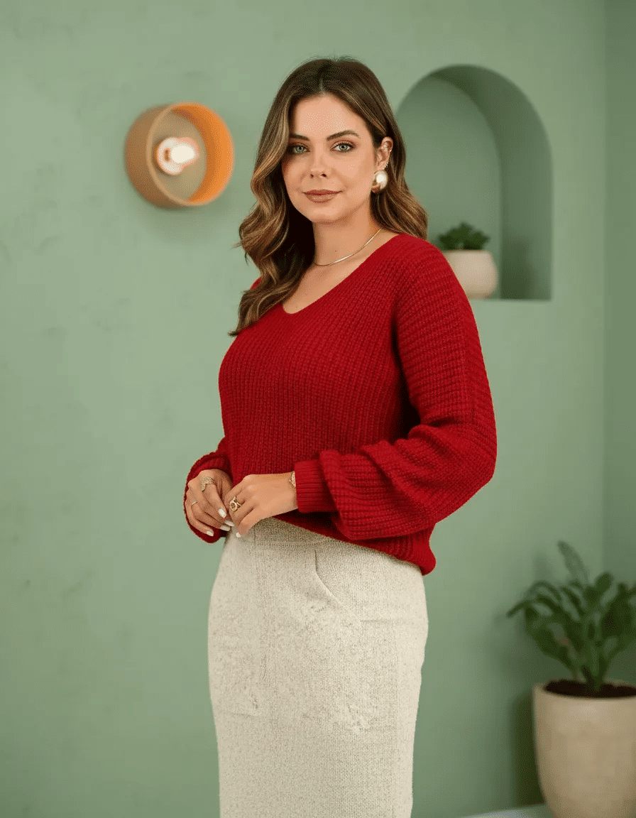Blusa Feminina de Tricô com Decote V Manga Longa Blusa Feminina de Tricô com Decote V Manga Longa