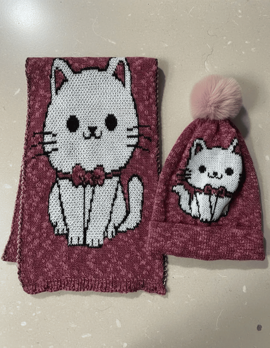 Conjunto Infantil Xale e Touca de Tricô Gatinha com Laço Conjunto Infantil Xale e Touca de Tricô Gatinha com Laço