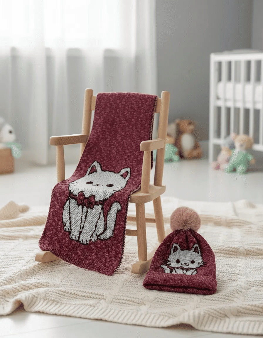 Conjunto Infantil Xale e Touca de Tricô Gatinha com Laço Conjunto Infantil Xale e Touca de Tricô Gatinha com Laço