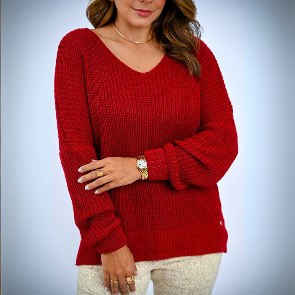 Blusa Feminina de Tricô com Decote V Manga Longa Blusa Feminina de Tricô com Decote V Manga Longa