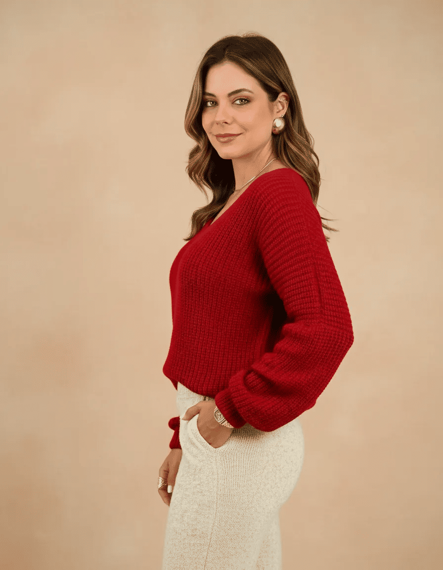 Blusa Feminina de Tricô com Decote V Manga Longa Blusa Feminina de Tricô com Decote V Manga Longa