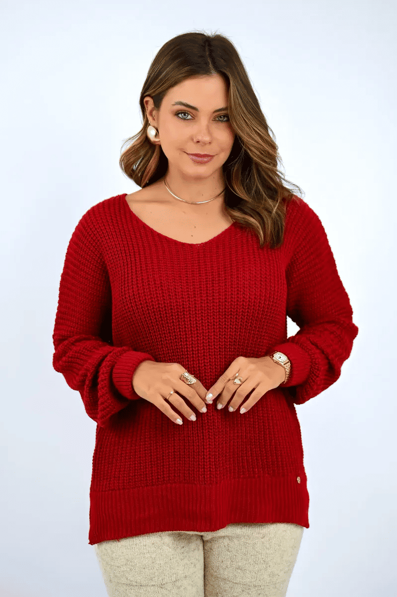 Blusa Feminina de Tricô com Decote V Manga Longa Blusa Feminina de Tricô com Decote V Manga Longa