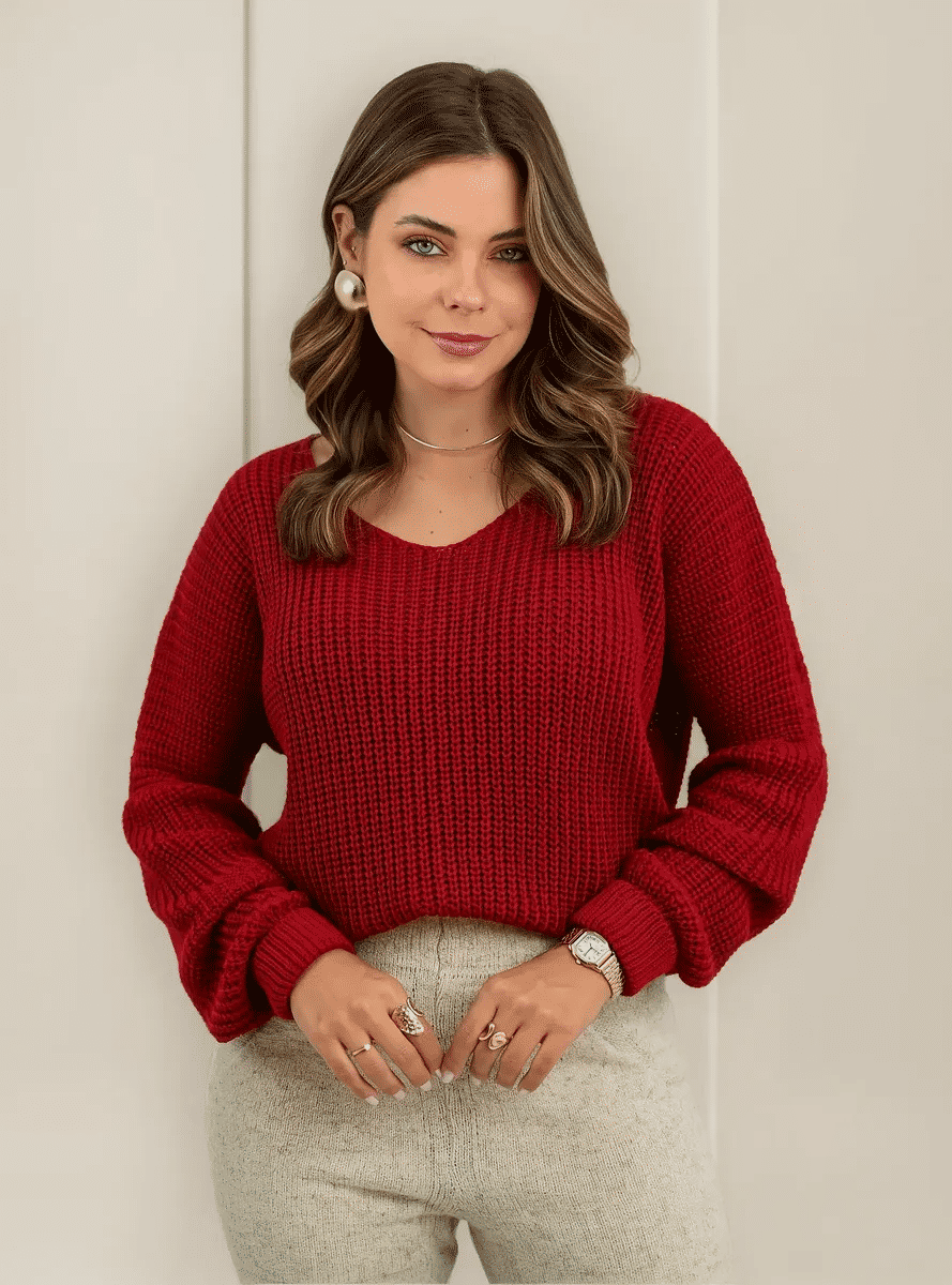 Blusa Feminina de Tricô com Decote V Manga Longa Blusa Feminina de Tricô com Decote V Manga Longa