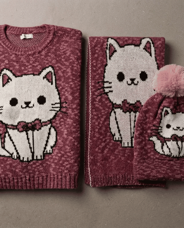 Kit 3 Peças Feminino de Tricô com Blusa, Xale e Touca Gatinha