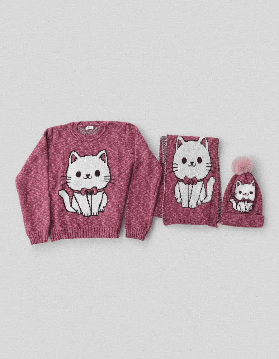 Kit 3 Peças Feminino de Tricô com Blusa, Xale e Touca Gatinha