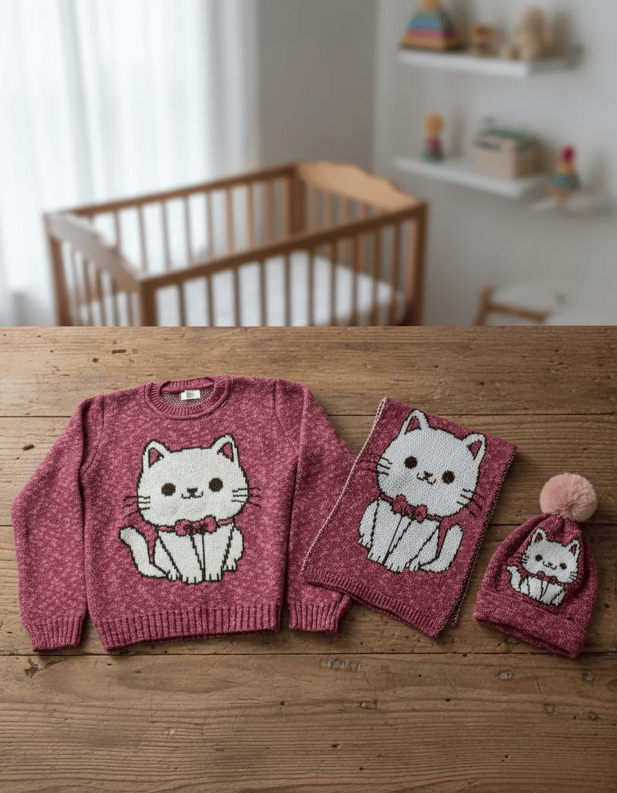 Kit 3 Peças Feminino de Tricô com Blusa, Xale e Touca Gatinha