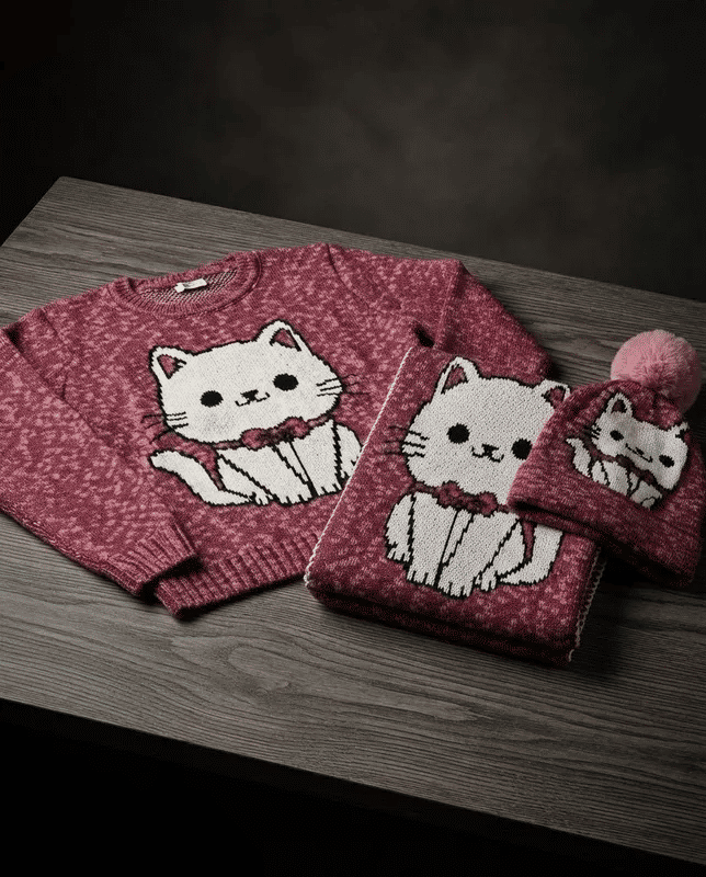 Kit 3 Peças Feminino de Tricô com Blusa, Xale e Touca Gatinha