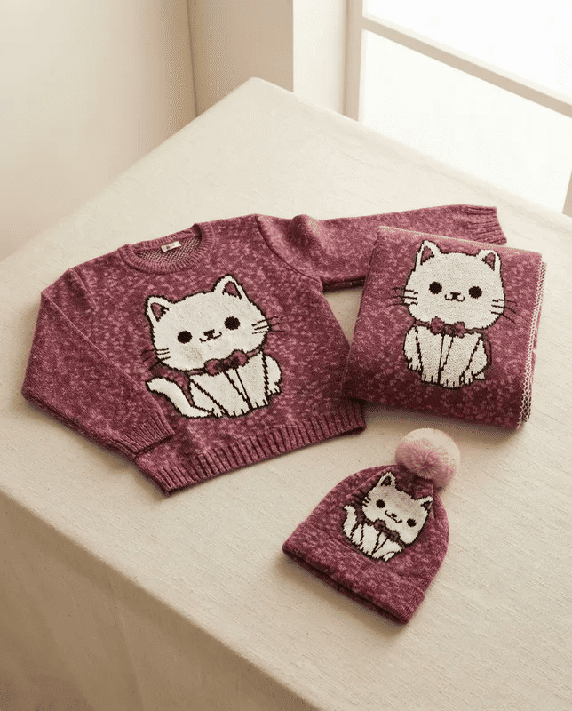 Kit 3 Peças Feminino de Tricô com Blusa, Xale e Touca Gatinha