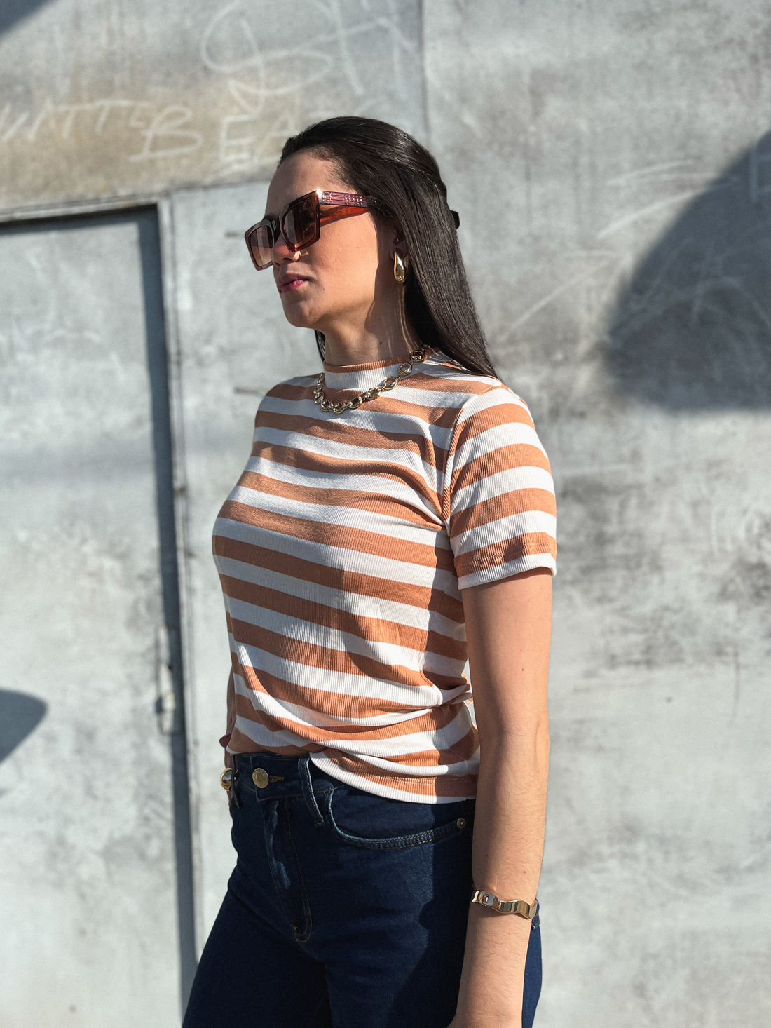 Blusa Anne Listrada Bege