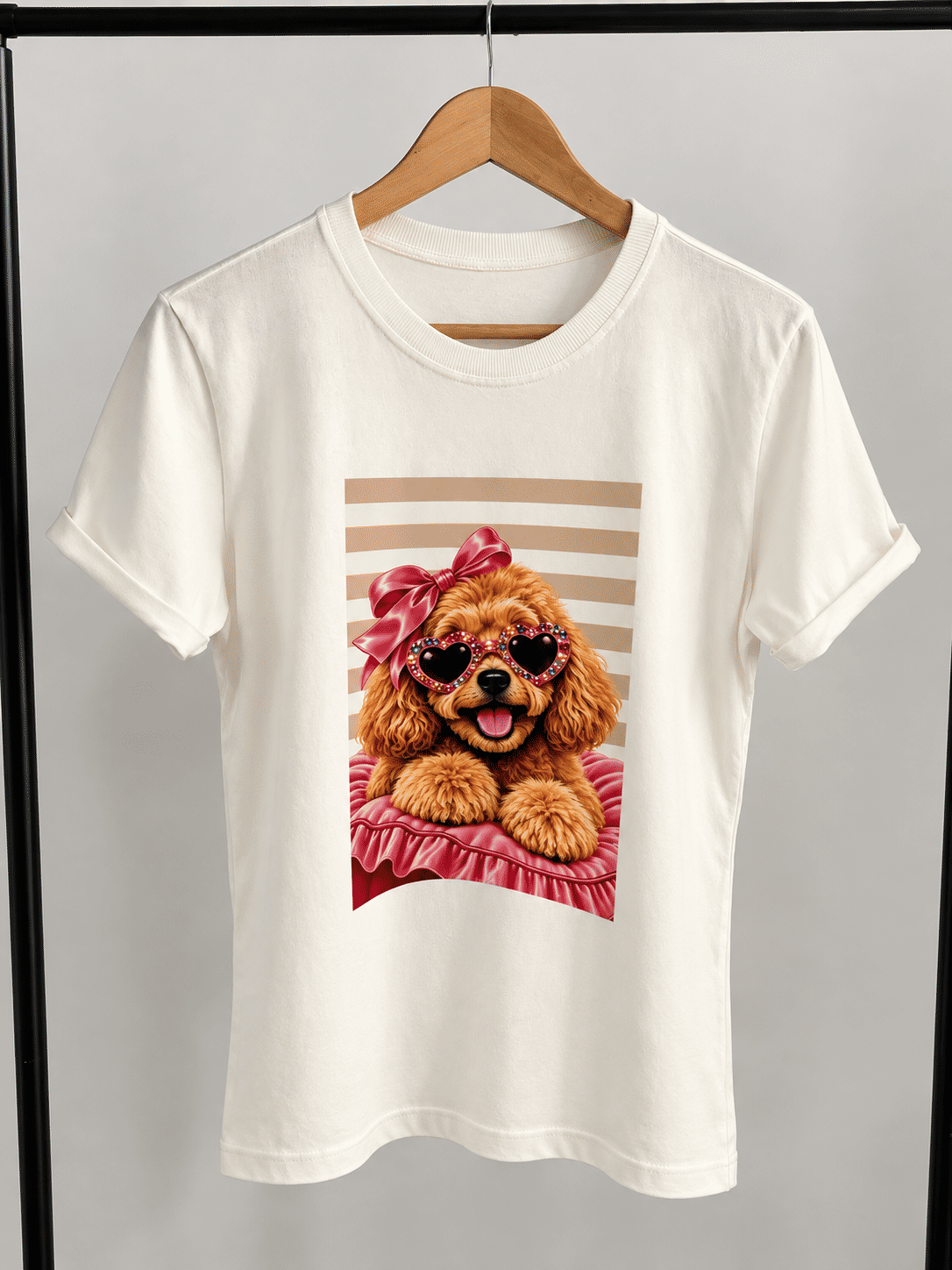 Tshirt Premium - Poodle Laço Rosa DTF - Off White Tshirt Premium - Poodle Laço Rosa DTF - Off White