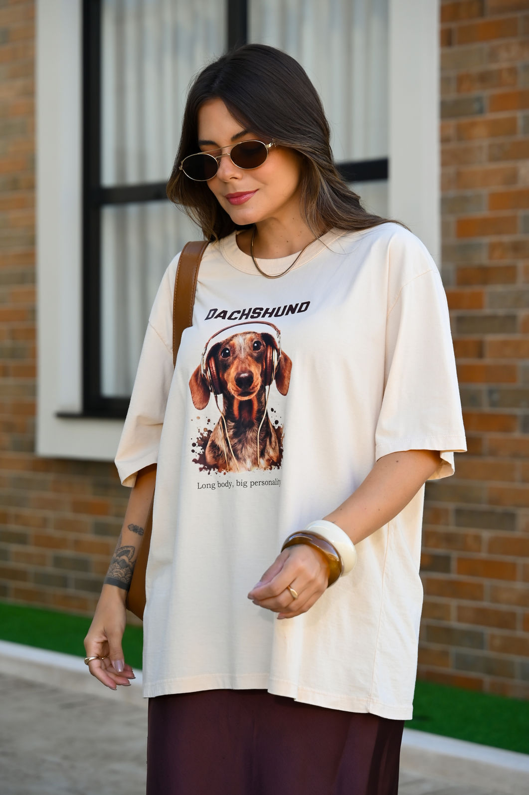 T-shirt Oversized - Dachshund - Bege