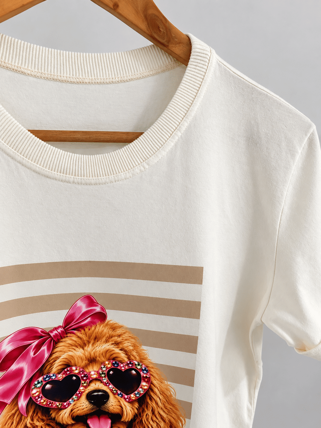 Tshirt Premium - Poodle Laço Rosa DTF - Off White Tshirt Premium - Poodle Laço Rosa DTF - Off White
