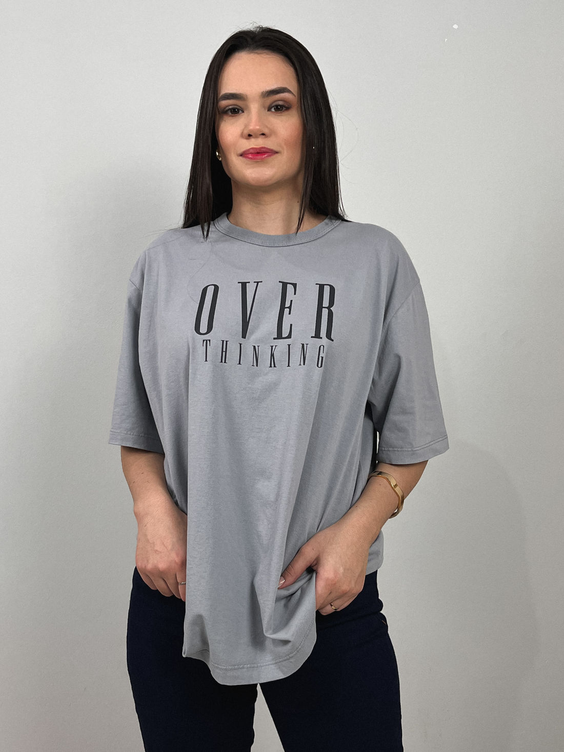 Tshirt Oversized - Over Thinking - Cinza