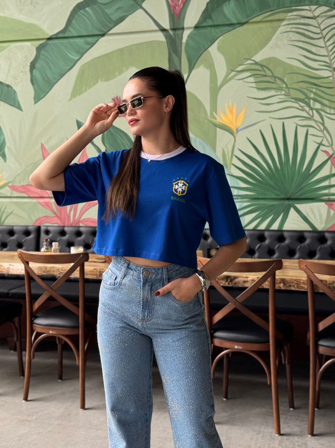 Cropped Oversized Copa Brasão - Azul