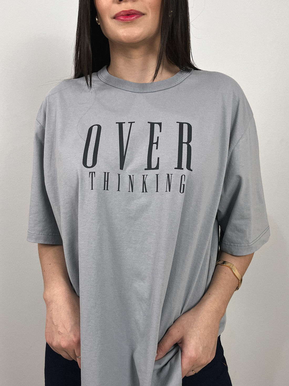 Tshirt Oversized - Over Thinking - Cinza