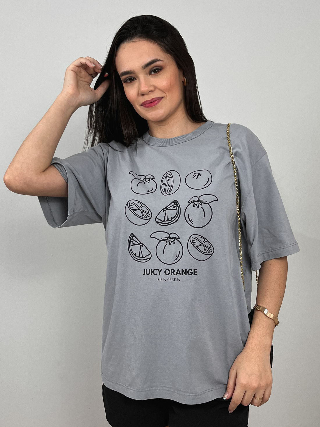 Tshirt Oversized - Juicy Orange - Cinza Tshirt Oversized - Juicy Orange - Cinza