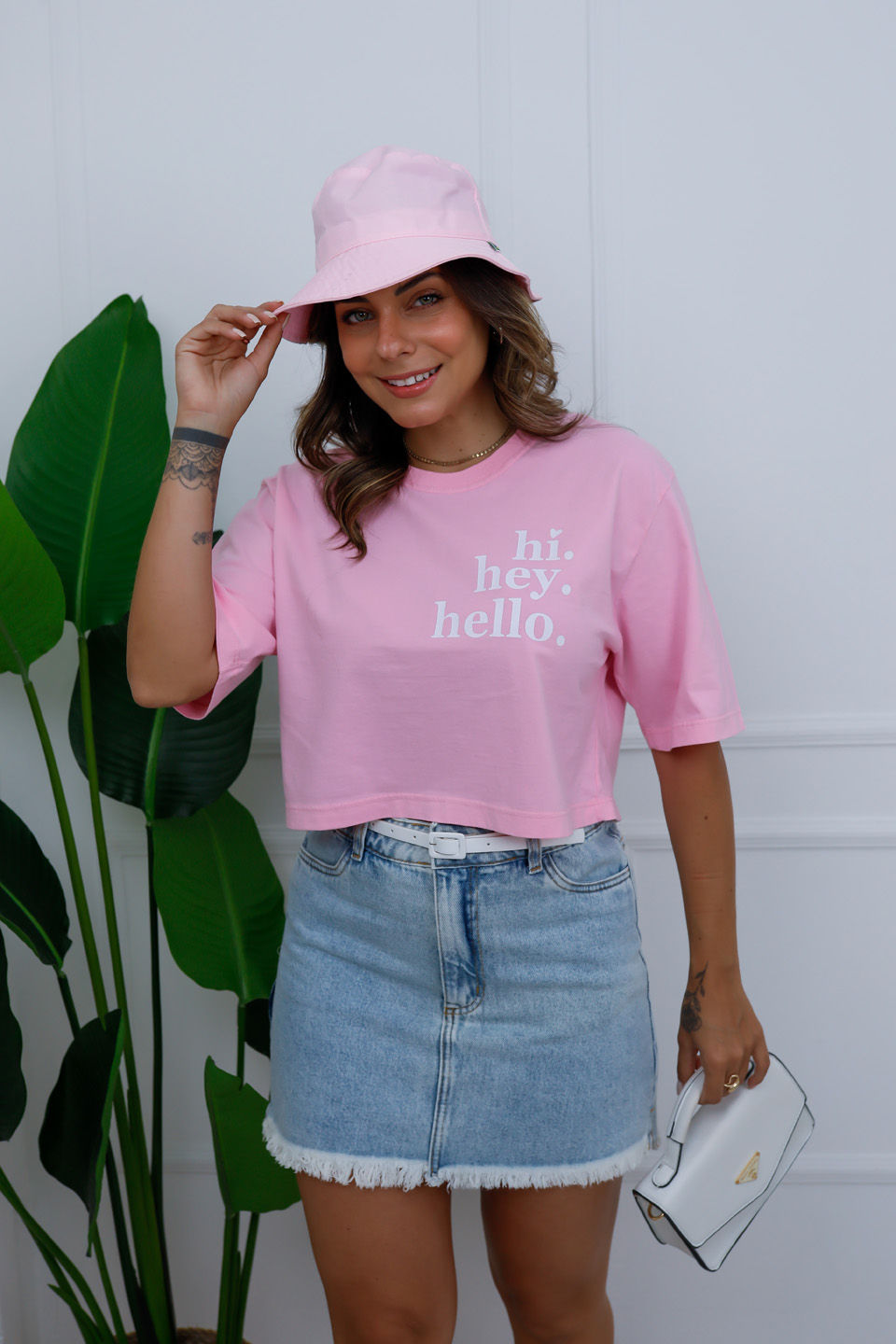 Cropped Oversized - Hi, Hey, Hello - Rosa Bebê