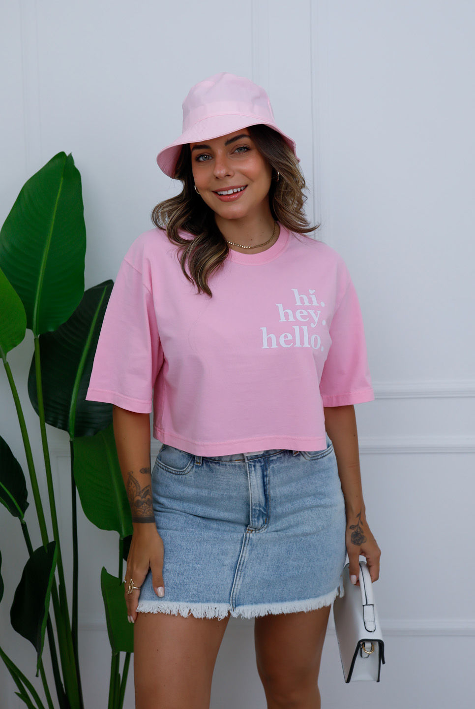 Cropped Oversized - Hi, Hey, Hello - Rosa Bebê