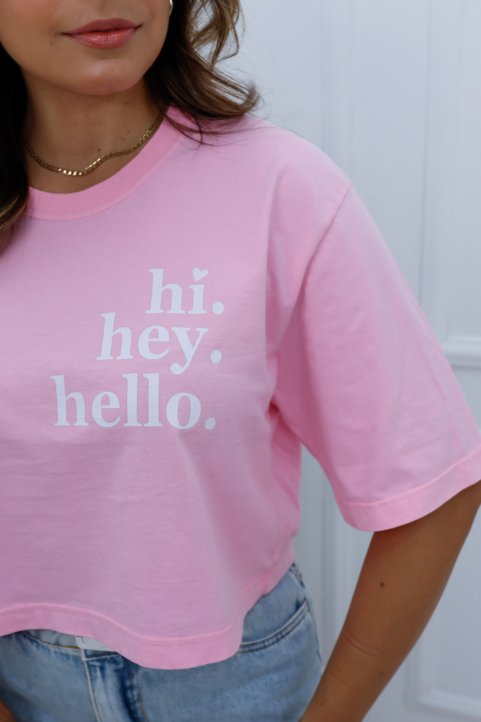 Cropped Oversized - Hi, Hey, Hello - Rosa Bebê