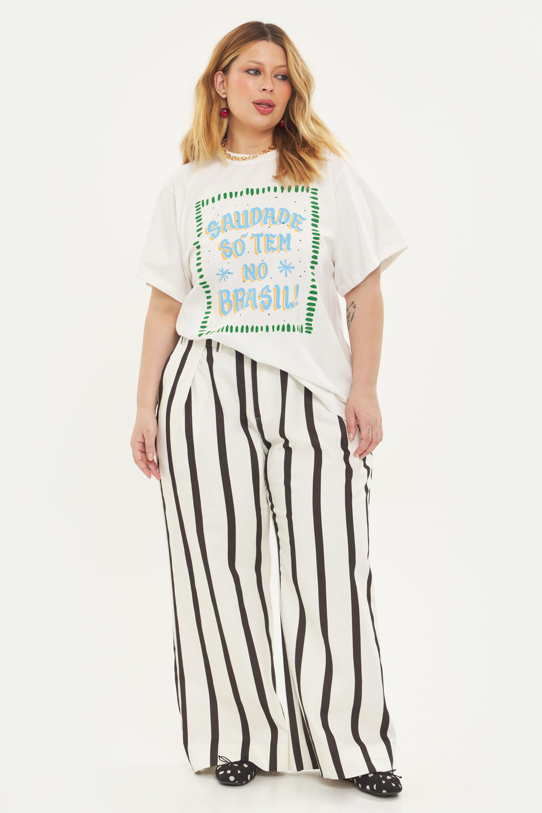 Calça Pantalona De Sarja Samira Listrado Calça Pantalona De Sarja Samira Listrado