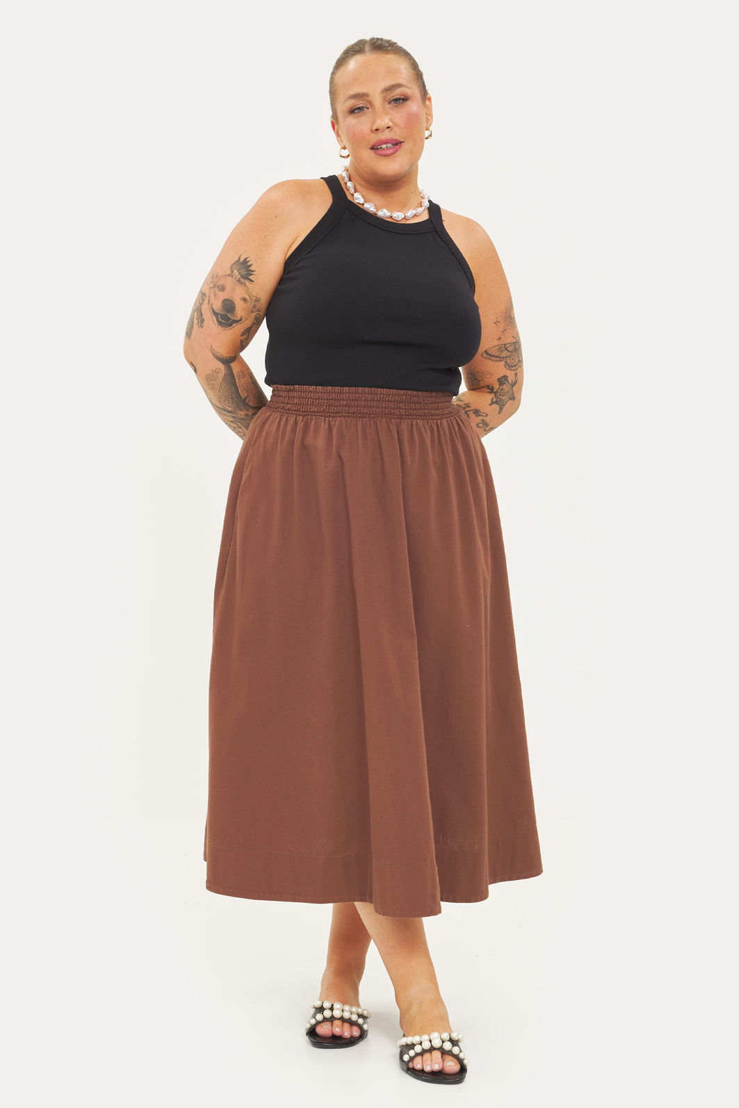 Saia Midi Algodão Carolina Marrom Saia Midi Algodão Carolina Marrom