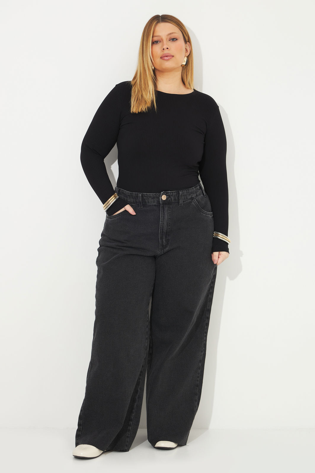 Calça Wide Leg Jeans Penélope Preto Calça Wide Leg Jeans Penélope Preto