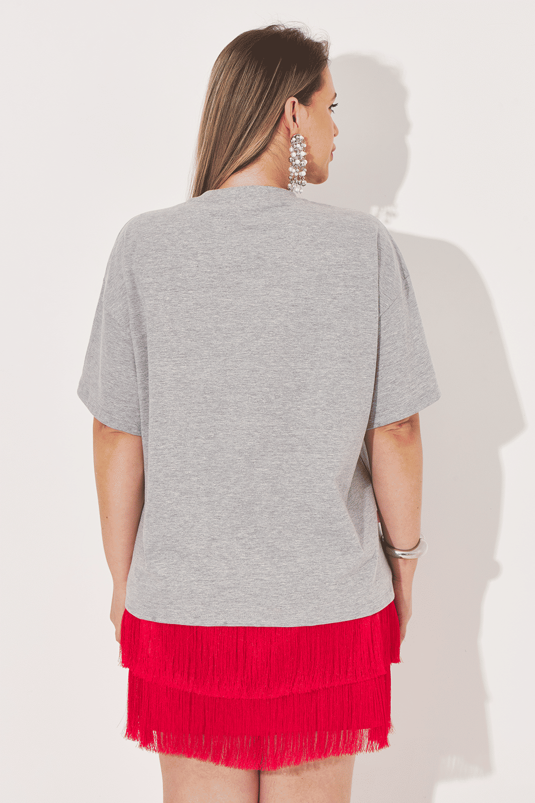 T-shirt Bordada Boxy Hello Cinza Mescla