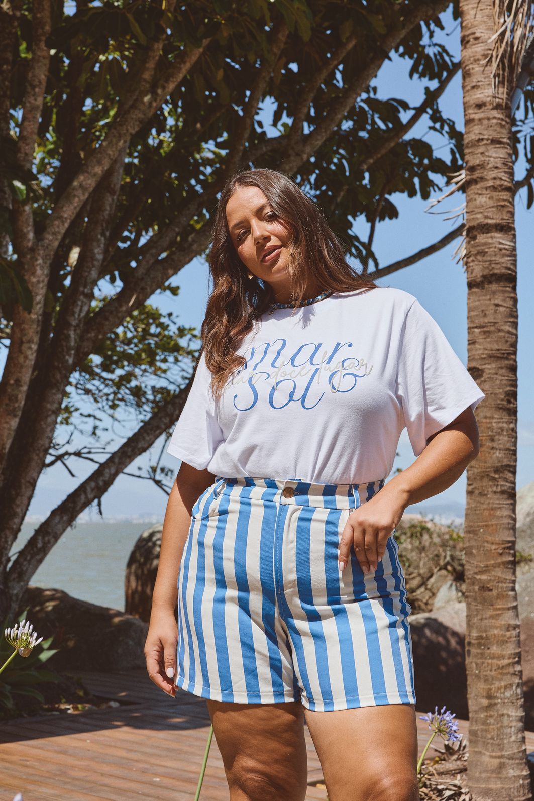 Short Sarja Olivia Listrado Azul