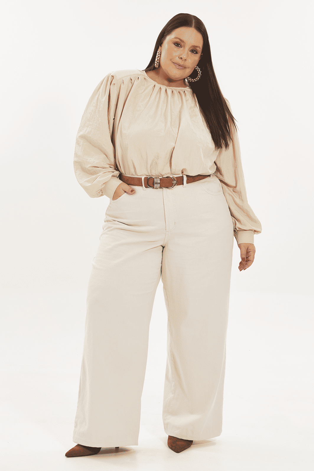Calça Pantalona De Sarja Ludmila Natural calça de sarja pantalona off white plus size