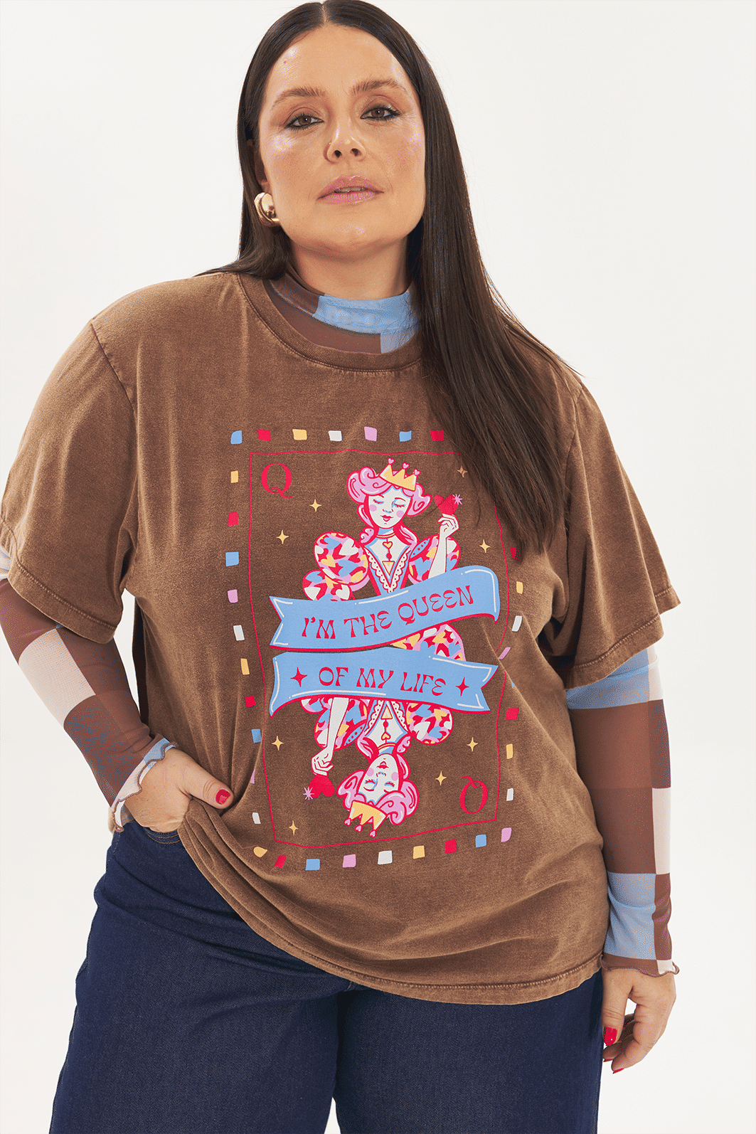 T-shirt De Algodão Estonada Queen Marrom T-shirt De Algodão Estonada Queen Marrom