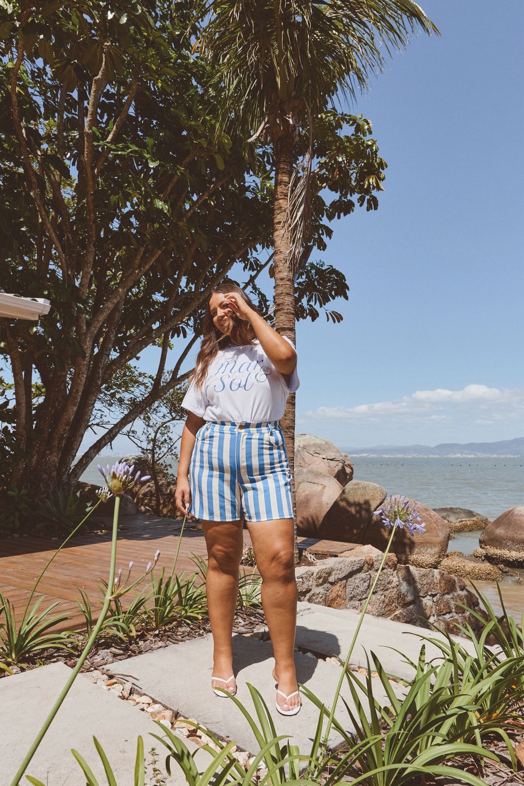 Short Sarja Olivia Listrado Azul