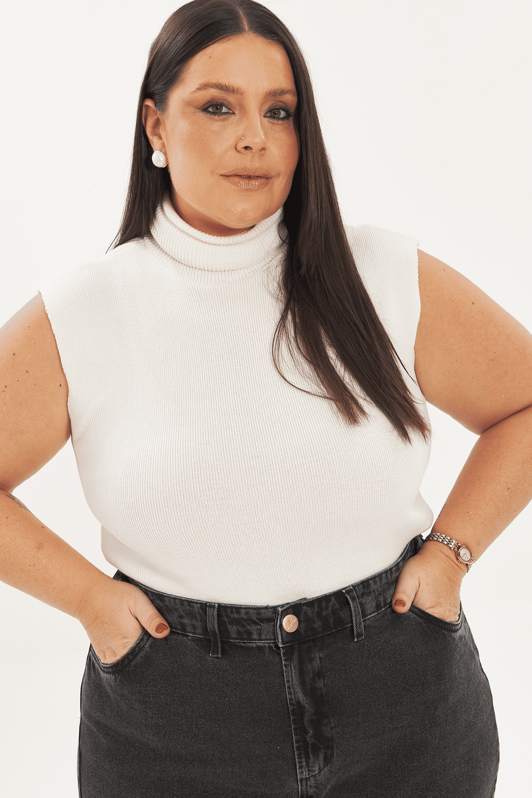 Regata Gola Alta Tricô Monalisa Off-white regata de tricô plus size