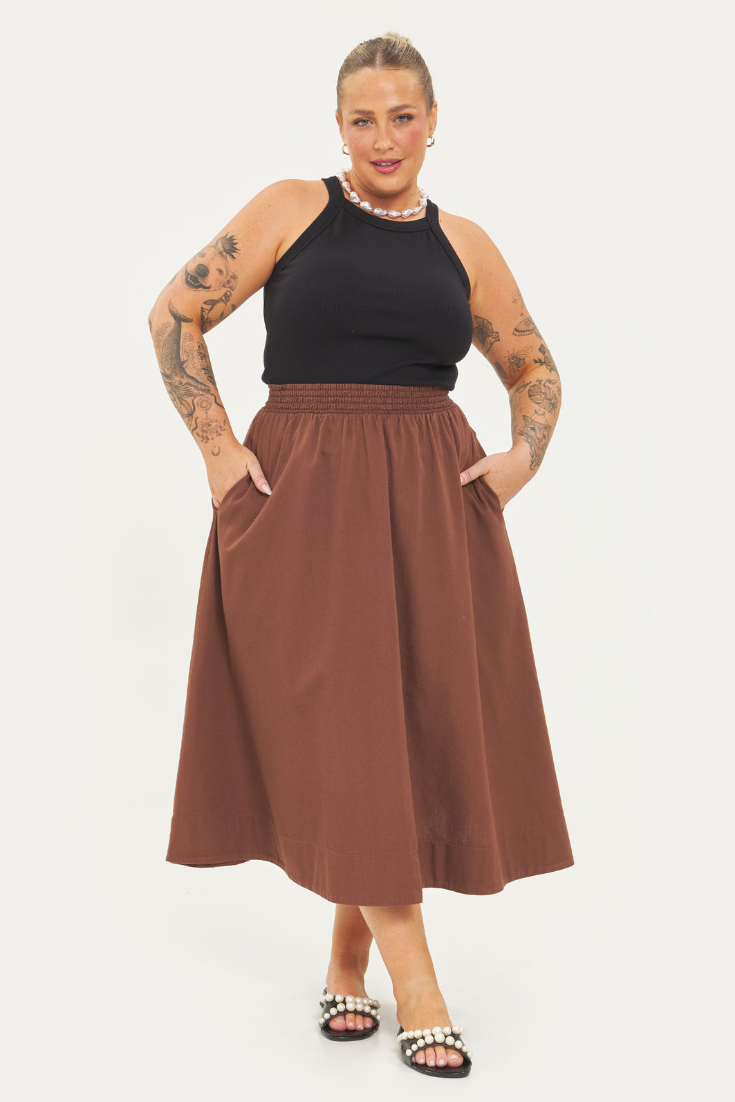 Saia Midi Algodão Carolina Marrom Saia Midi Algodão Carolina Marrom