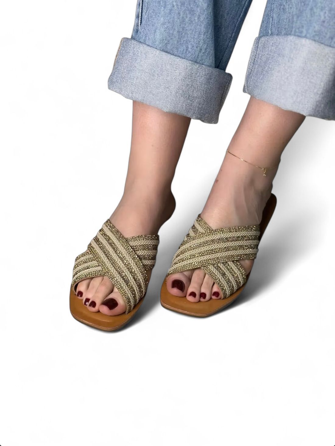 MIA - FLAT RASTEIRA CORDA COM STRASS DOURADO MIA - FLAT RASTEIRA CORDA COM STRASS DOURADO