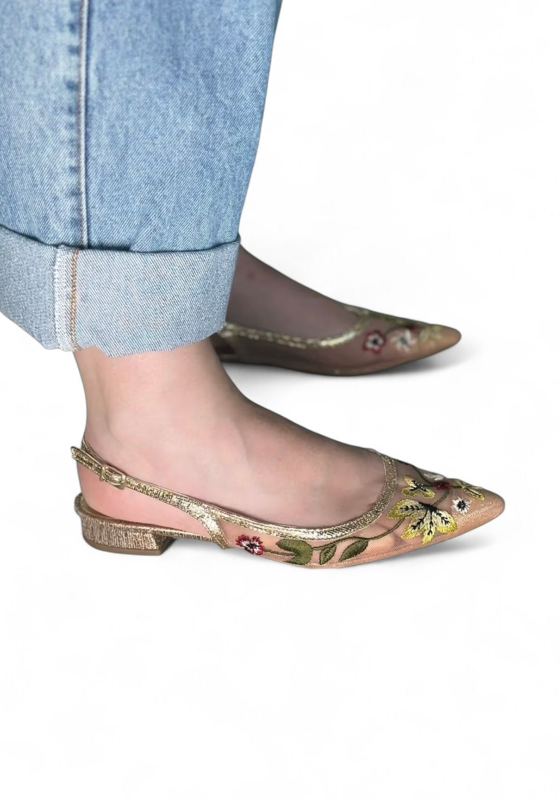 LÉA - SAPATILHA SLINGBACK TELA BORDADA ROSÉ GOLD