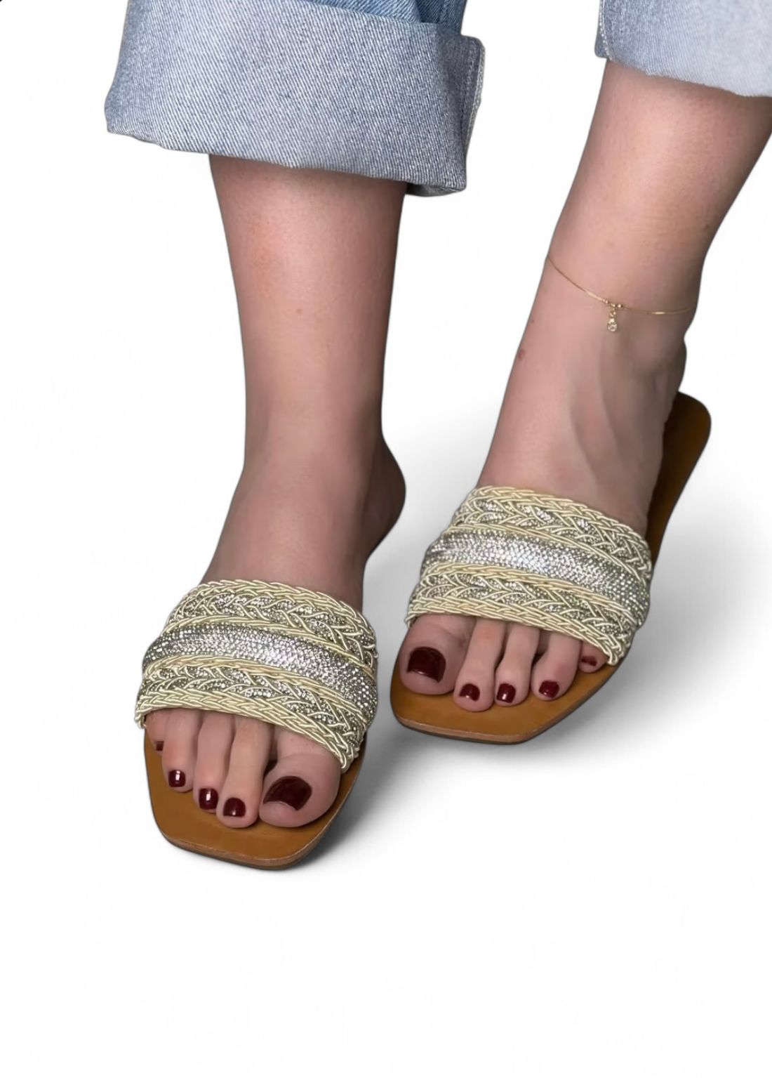 CORA - FLAT RASTEIRA CORDA CHAMPAGNE COM STRASS PRATA CORA - FLAT RASTEIRA CORDA CHAMPAGNE COM STRASS PRATA