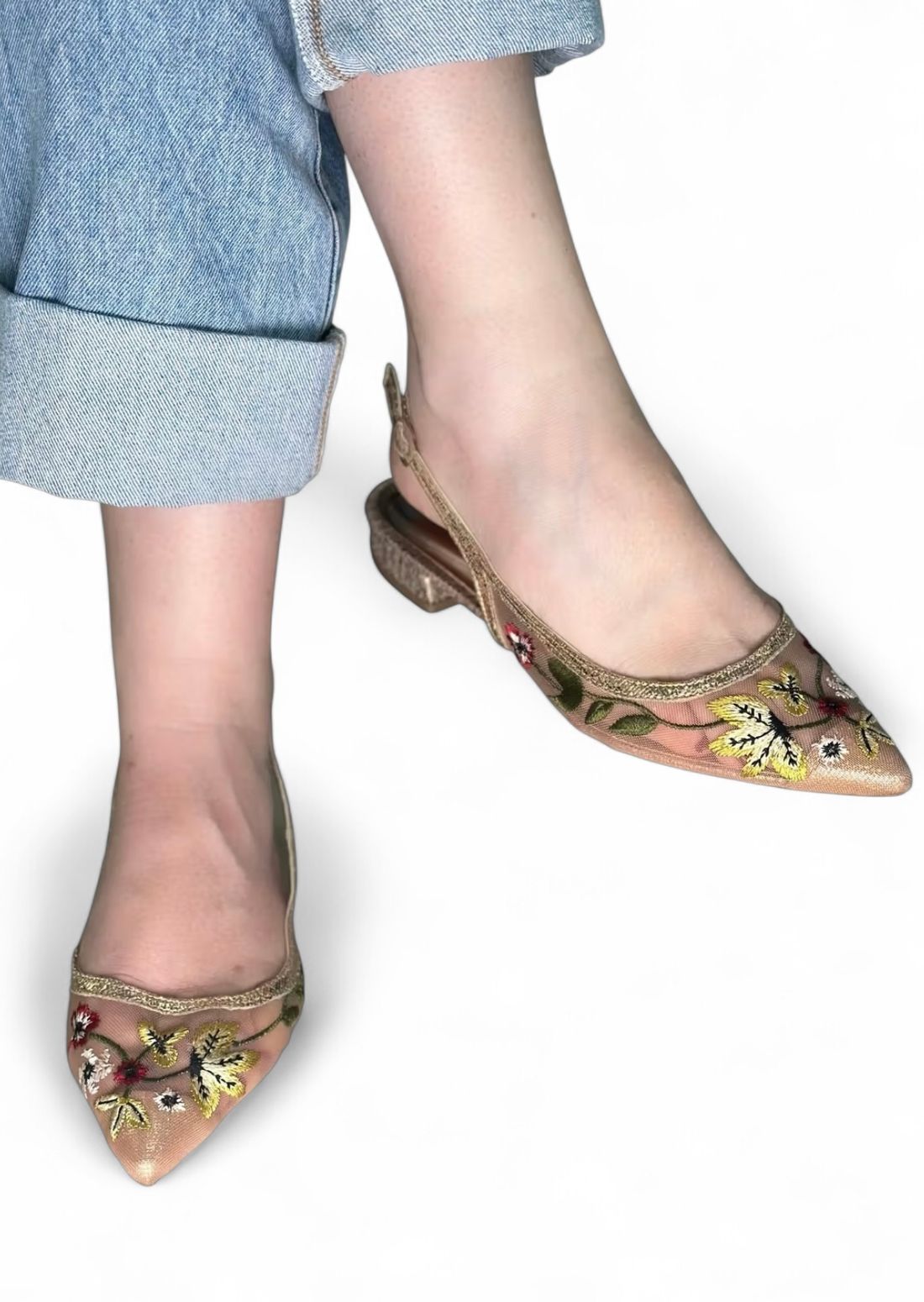 LÉA - SAPATILHA SLINGBACK TELA BORDADA ROSÉ GOLD