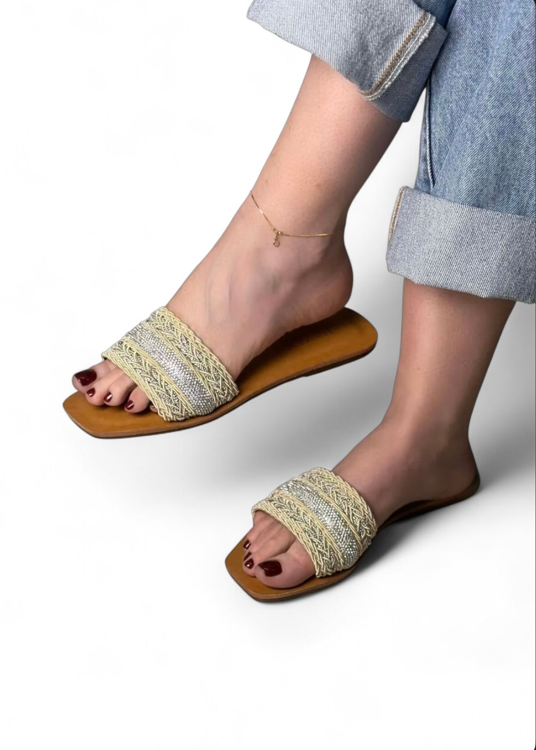 CORA - FLAT RASTEIRA CORDA CHAMPAGNE COM STRASS PRATA CORA - FLAT RASTEIRA CORDA CHAMPAGNE COM STRASS PRATA