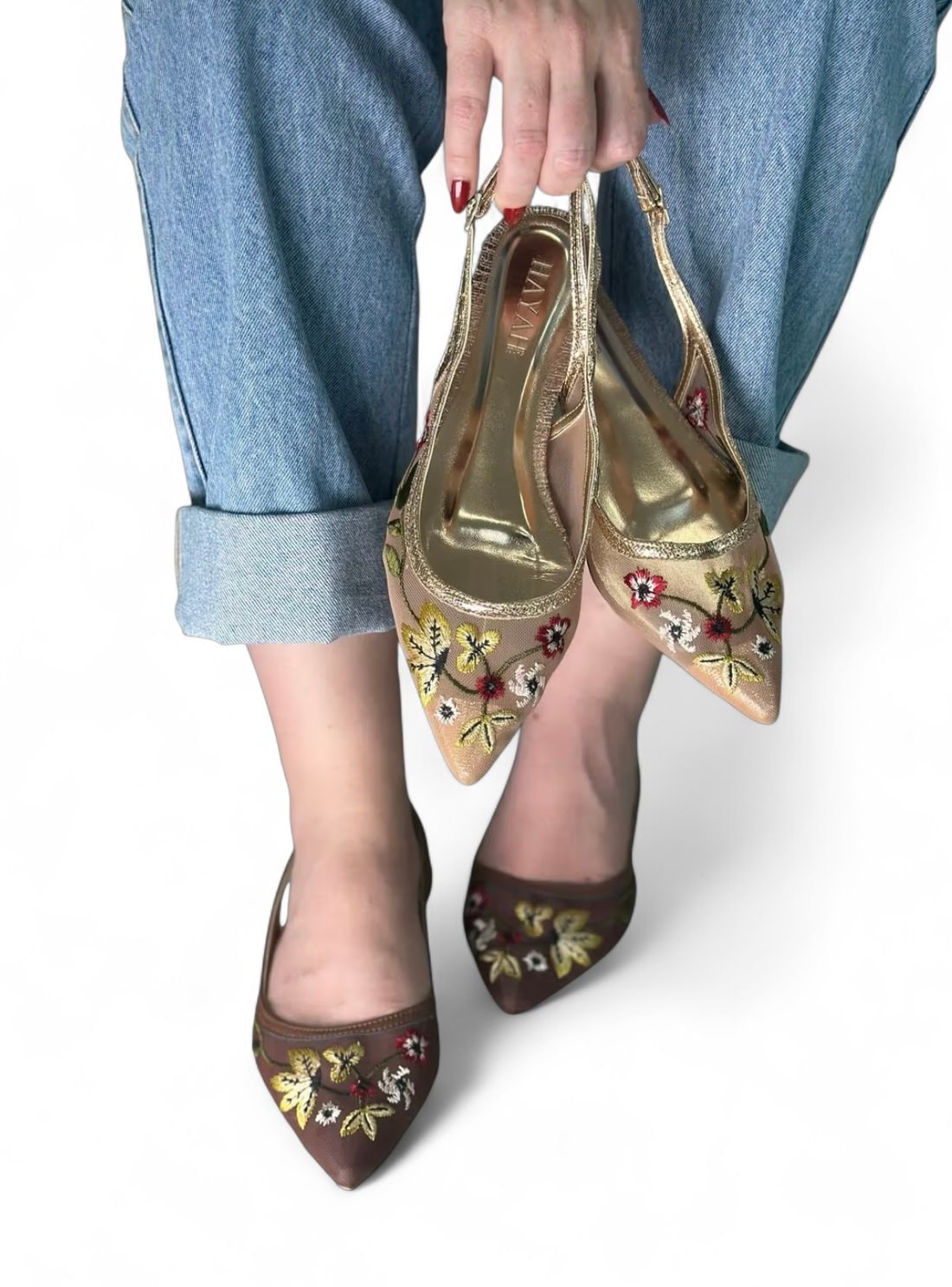 LÉA - SAPATILHA SLINGBACK TELA BORDADA ROSÉ GOLD