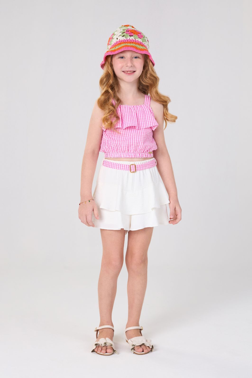 Conjunto cropped de anarruga e short de dunas com babados Conjunto cropped de anarruga e short de dunas com babados